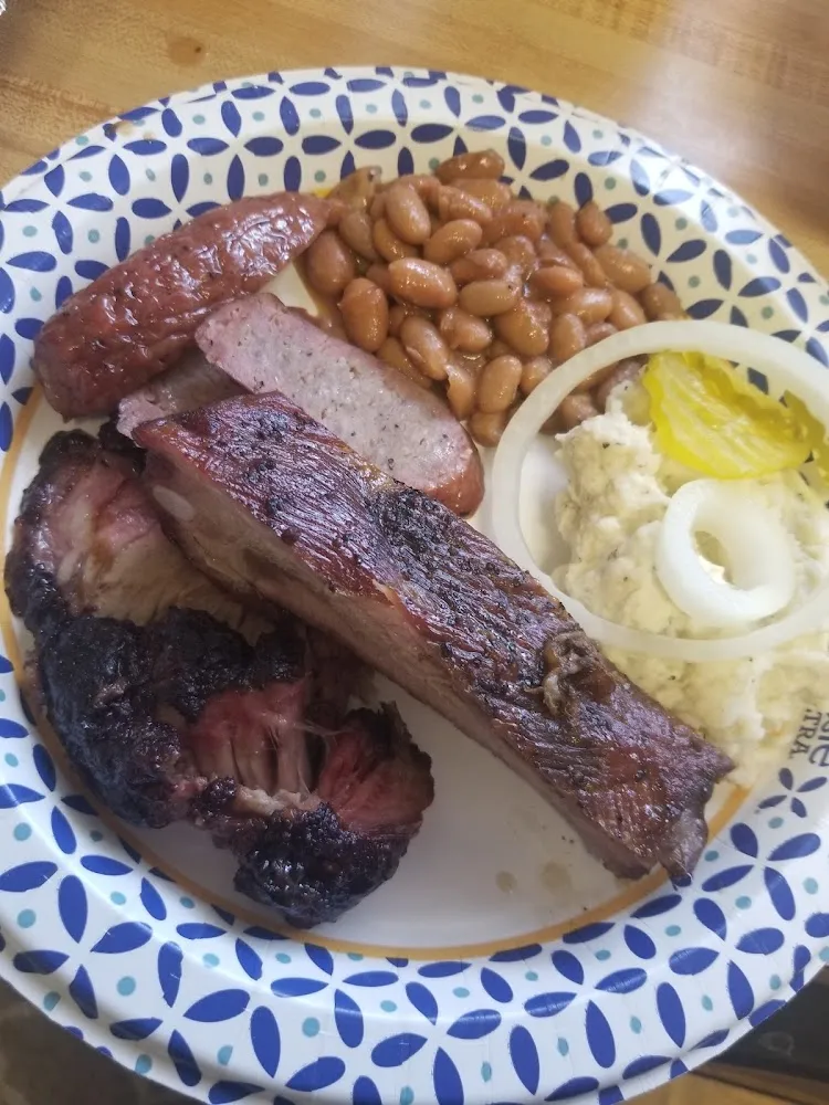 Rib Brisket Sausage with Potato Salad and Beans